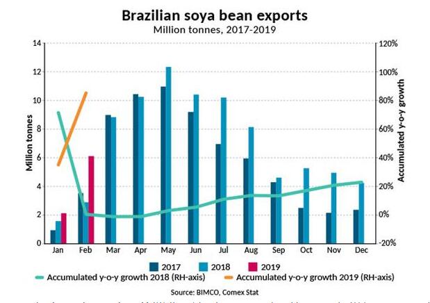 巴西大豆出口去年创纪录 今年前2月狂增85%